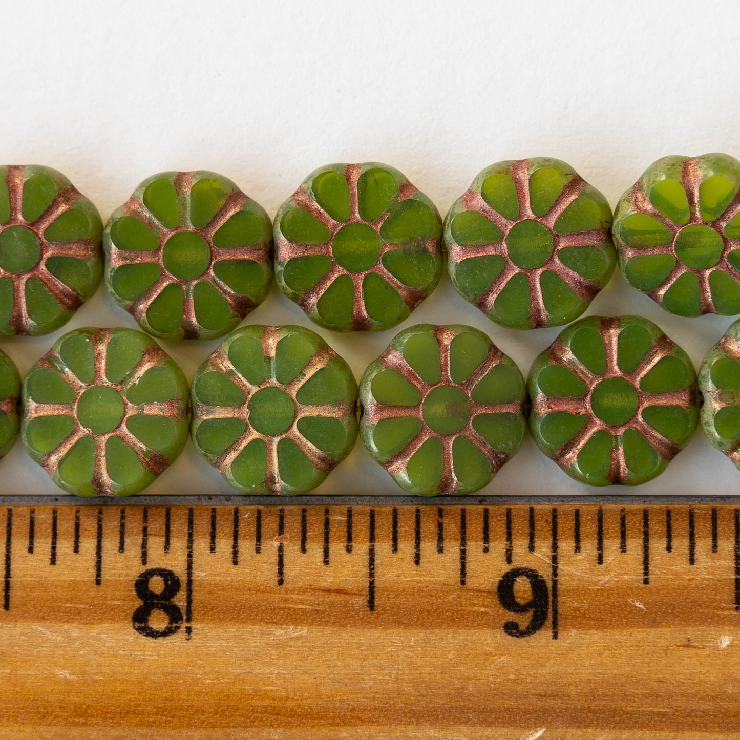 12mm Sunflower Coin Beads - Opaline Green with Copper Wash - 8 beads