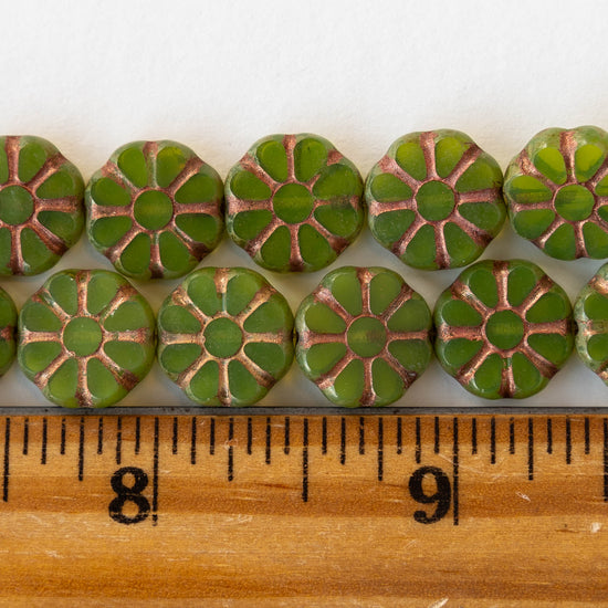 12mm Sunflower Coin Beads - Opaline Green with Copper Wash - 8 beads