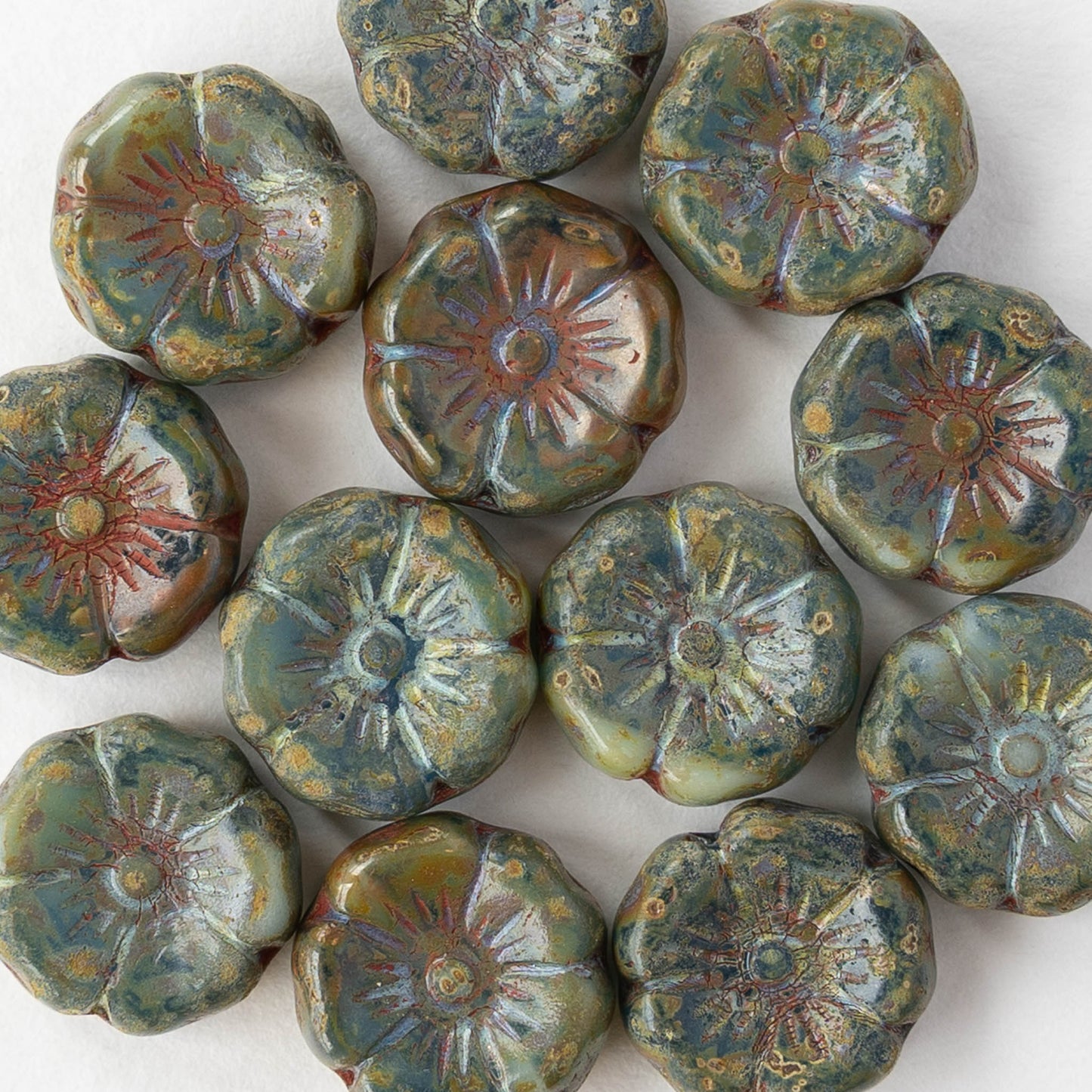 12mm Glass Flower Beads - Green Picasso - 6 or 12 beads