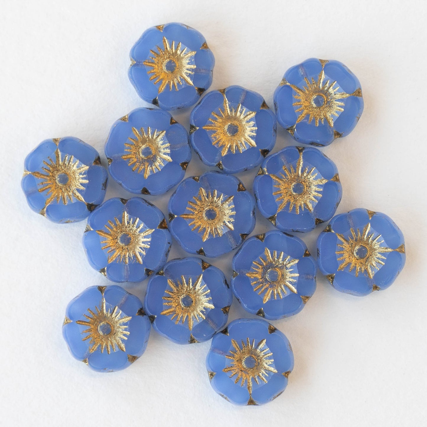 12mm Glass Flower Beads - Blue Opaline - 12 beads