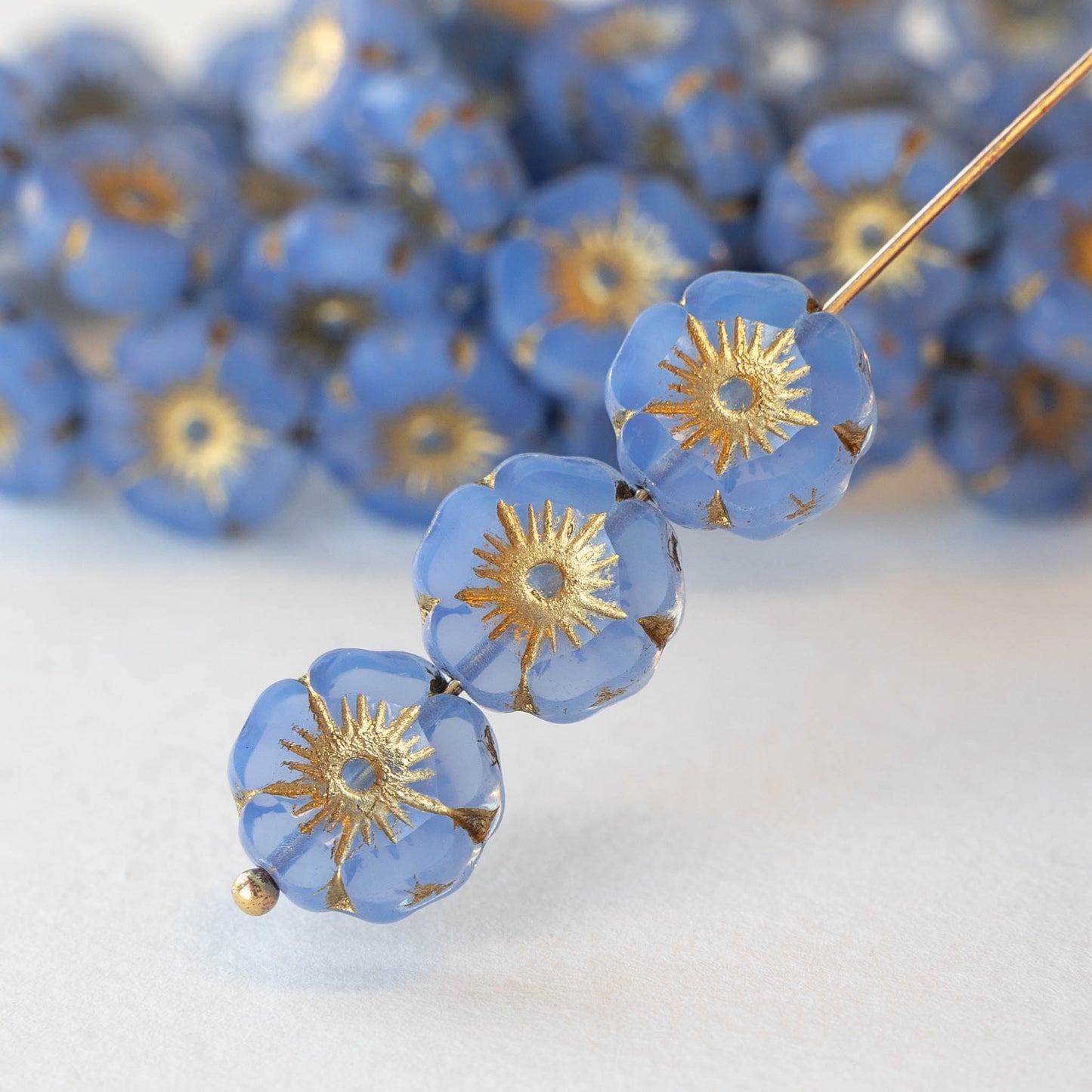 12mm Glass Flower Beads - Blue Opaline - 12 beads