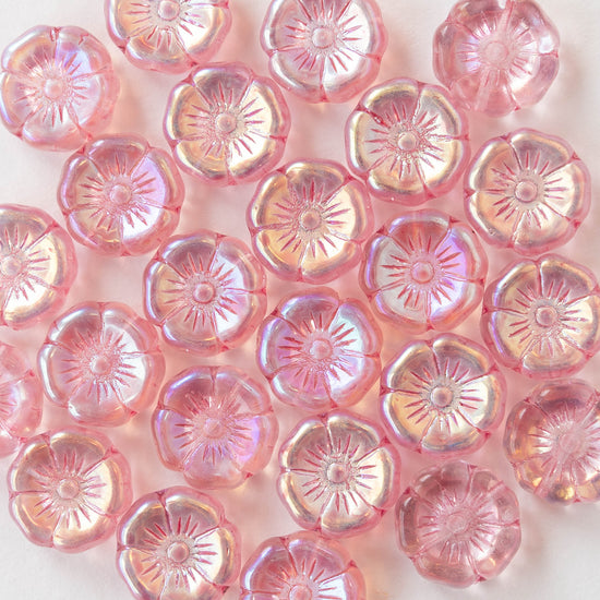 12mm Glass Flower Beads - Transparent Light Pink AB - 10 Beads