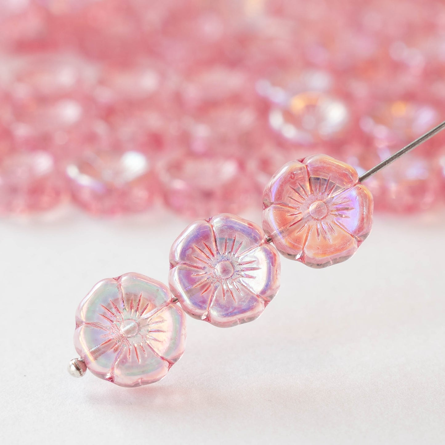 12mm Glass Flower Beads - Transparent Light Pink AB - 10 Beads