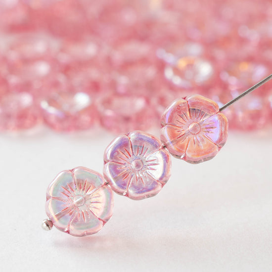 12mm Glass Flower Beads - Transparent Light Pink AB - 10 Beads