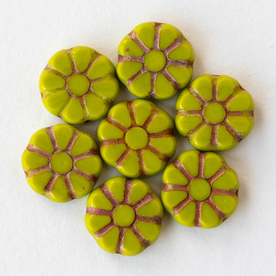 12mm Sunflower Coin Beads - Opaque Lime Green with Copper Wash - 8 beads