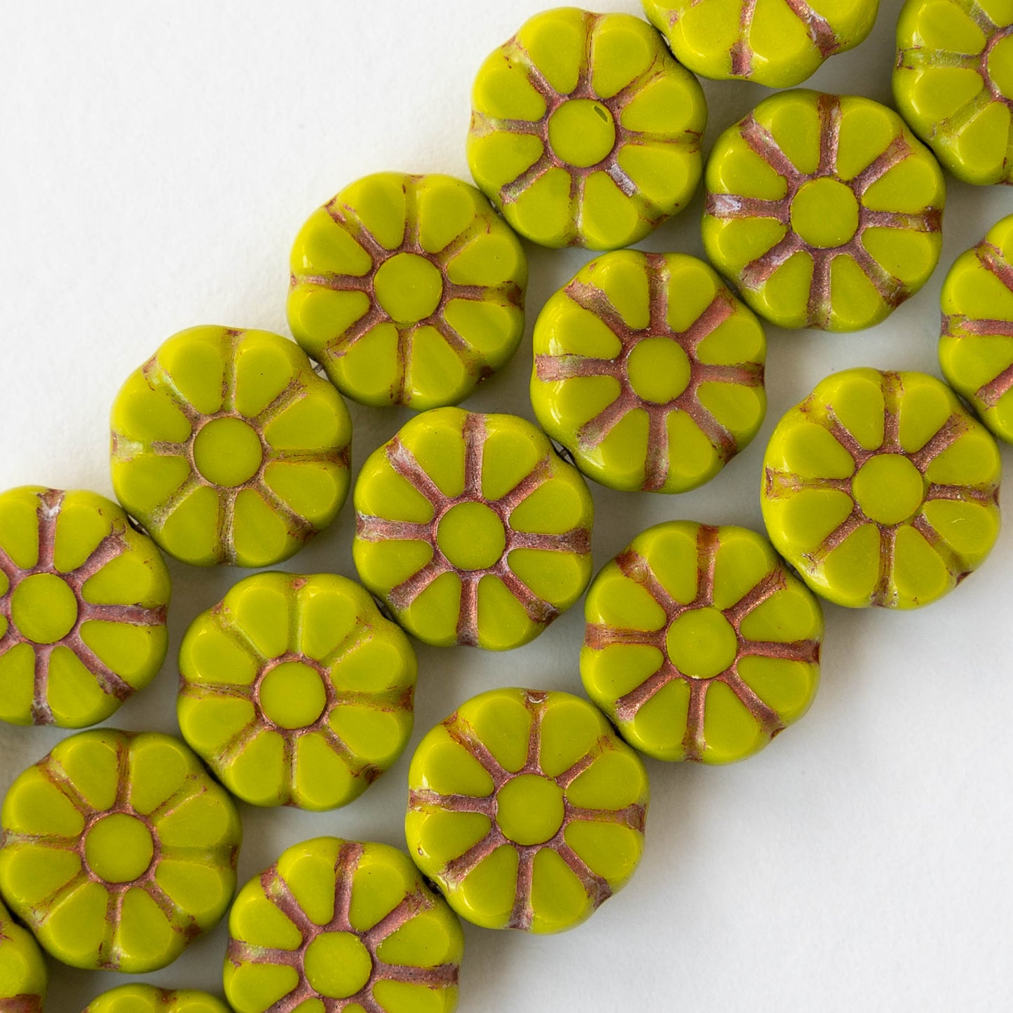 12mm Sunflower Coin Beads - Opaque Lime Green with Copper Wash - 8 beads