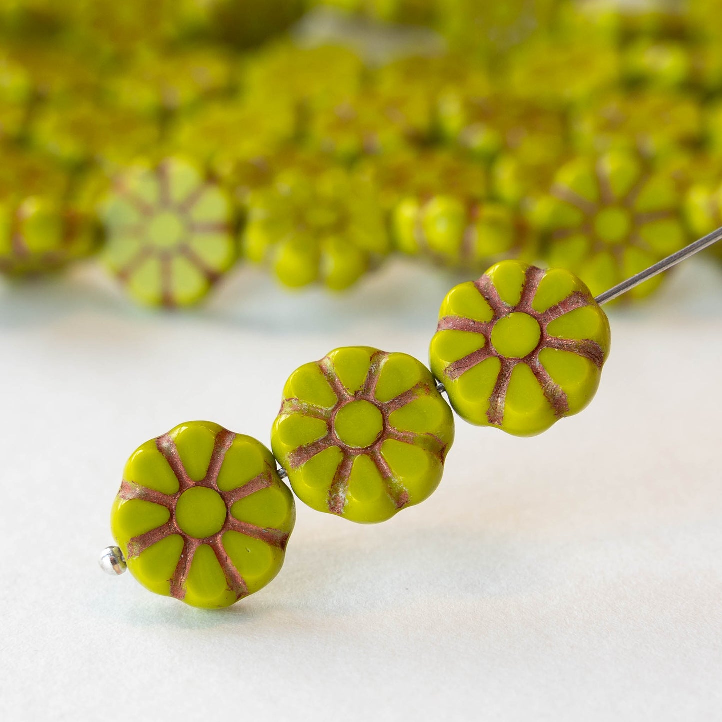 12mm Sunflower Coin Beads - Opaque Lime Green with Copper Wash - 8 beads