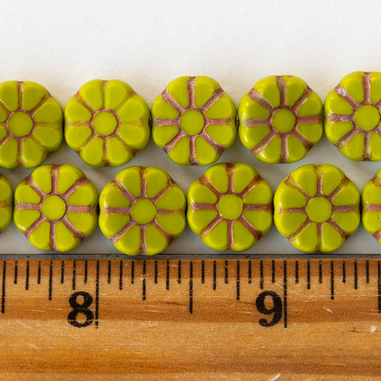 12mm Sunflower Coin Beads - Opaque Lime Green with Copper Wash - 8 beads