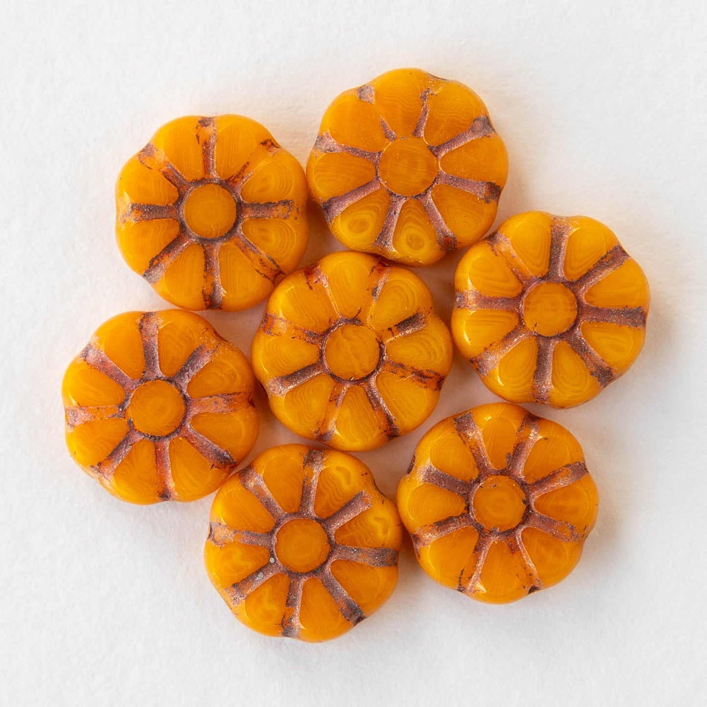 12mm Sunflower Coin Beads - Opaque Orange with Pink Wash - 8 beads