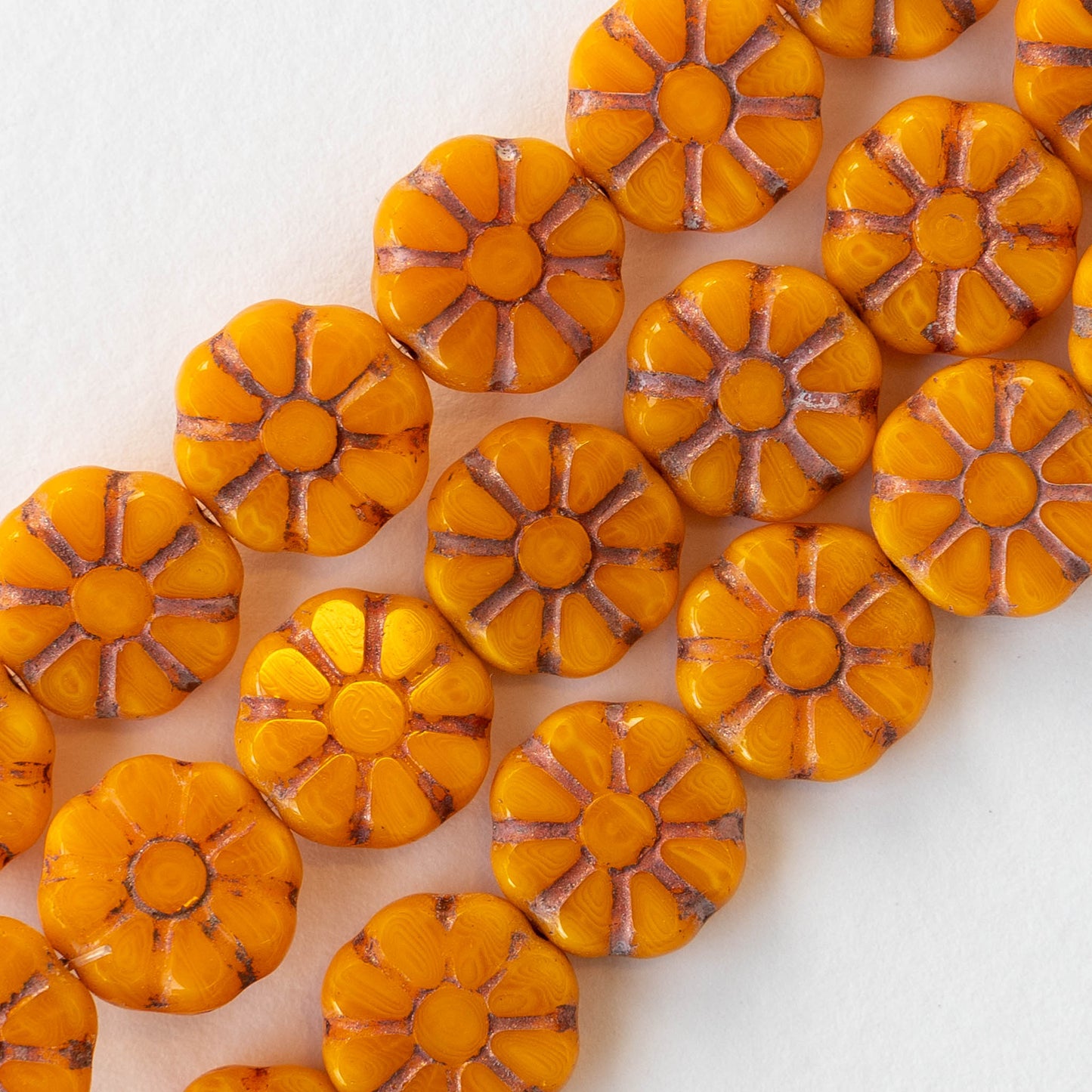 12mm Sunflower Coin Beads - Opaque Orange with Pink Wash - 8 beads