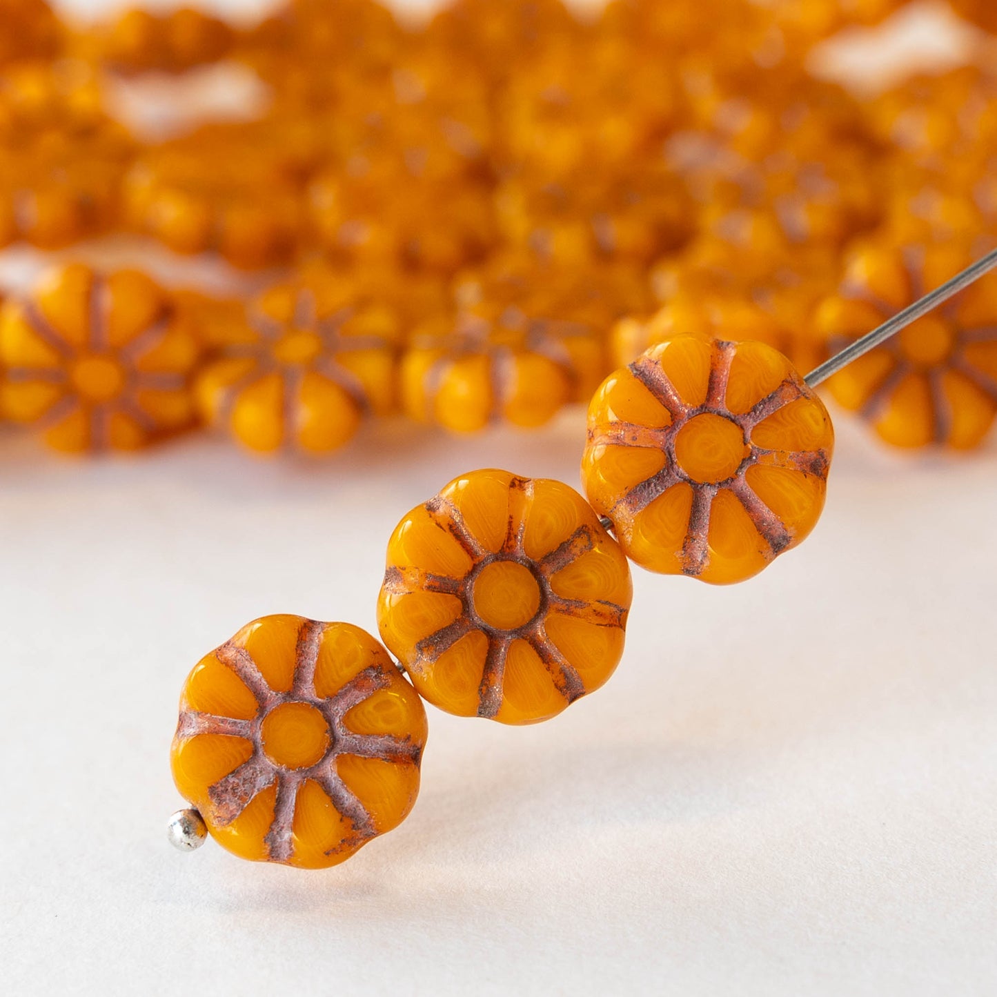 12mm Sunflower Coin Beads - Opaque Orange with Pink Wash - 8 beads