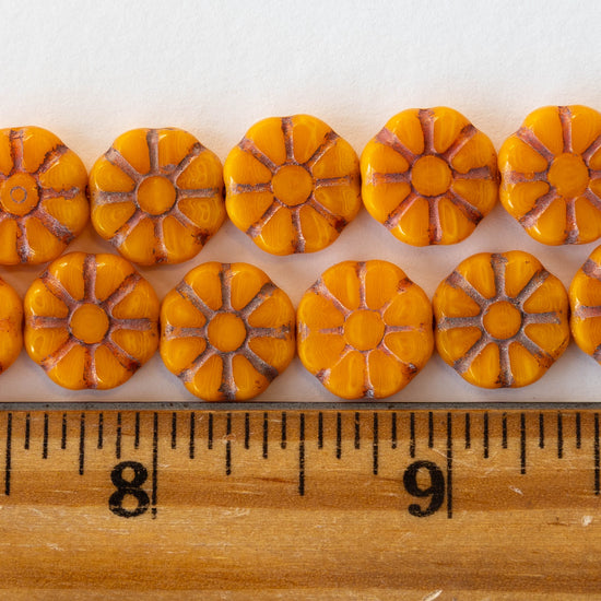 12mm Sunflower Coin Beads - Opaque Orange with Pink Wash - 8 beads