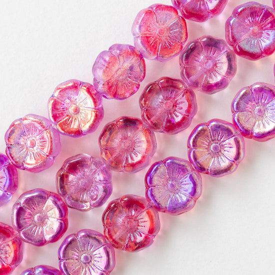 12mm Glass Flower Beads - Pink AB - 10 Beads