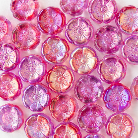 12mm Glass Flower Beads - Pink AB - 10 Beads