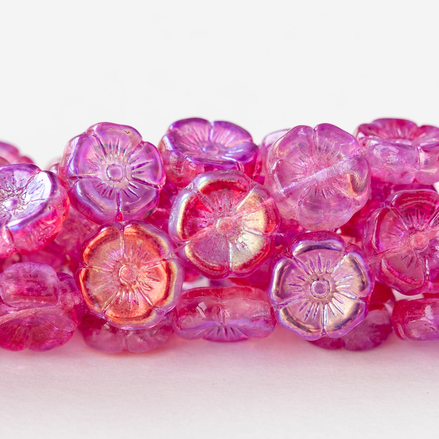 12mm Glass Flower Beads - Pink AB - 10 Beads