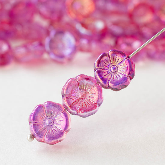 12mm Glass Flower Beads - Pink AB - 10 Beads