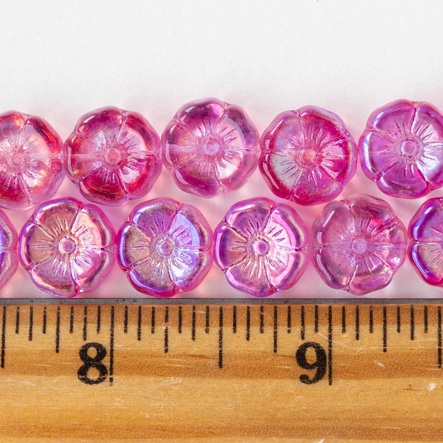 12mm Glass Flower Beads - Pink AB - 10 Beads