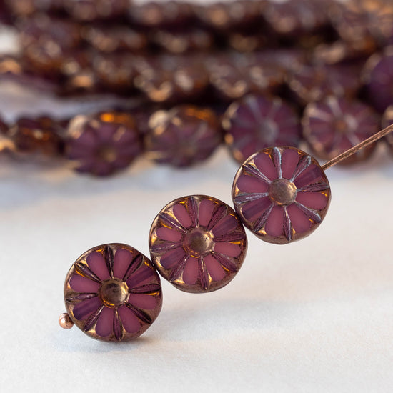 12mm Sunflower Coin Beads - Opaline Purple with Bronze Wash - 8 beads