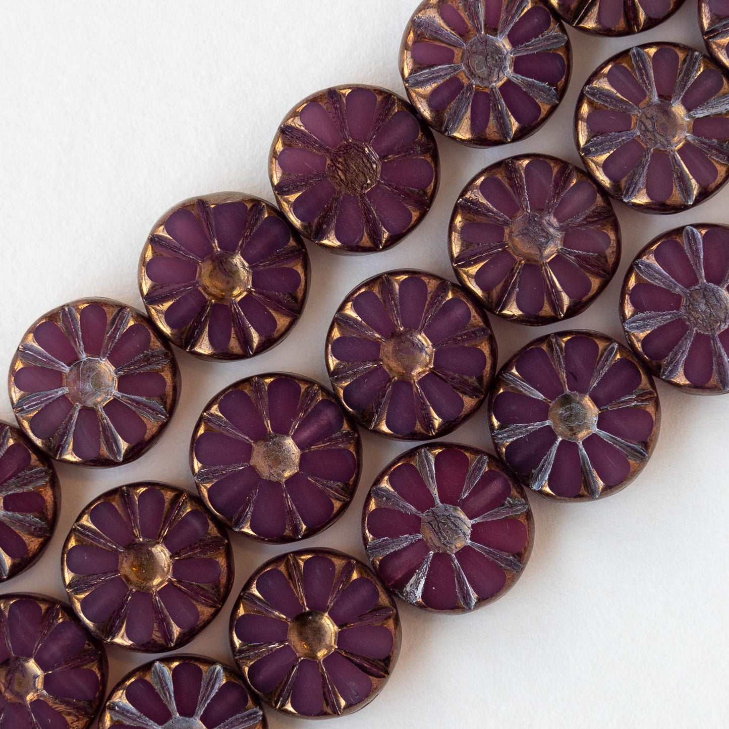 12mm Sunflower Coin Beads - Opaline Purple with Bronze Wash - 8 beads