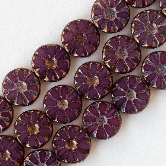 12mm Sunflower Coin Beads - Opaline Purple with Bronze Wash - 8 beads