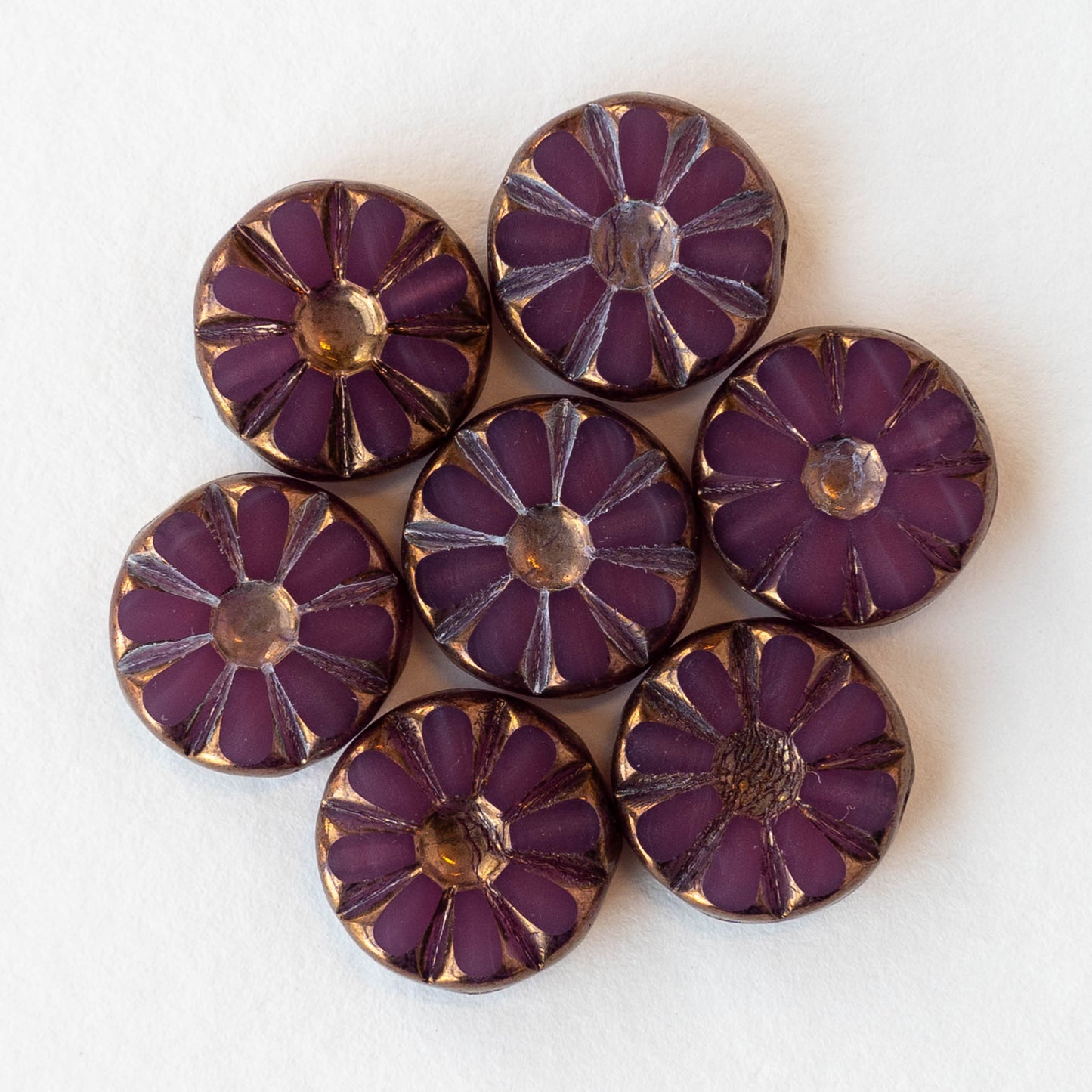 12mm Sunflower Coin Beads - Opaline Purple with Bronze Wash - 8 beads