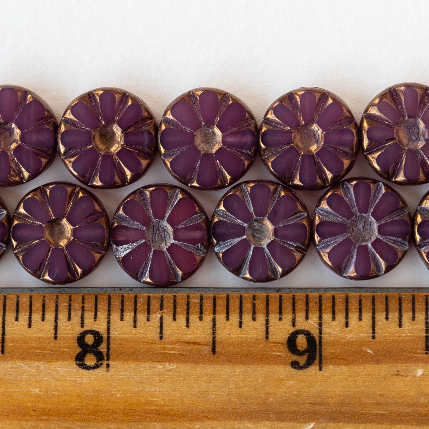 12mm Sunflower Coin Beads - Opaline Purple with Bronze Wash - 8 beads