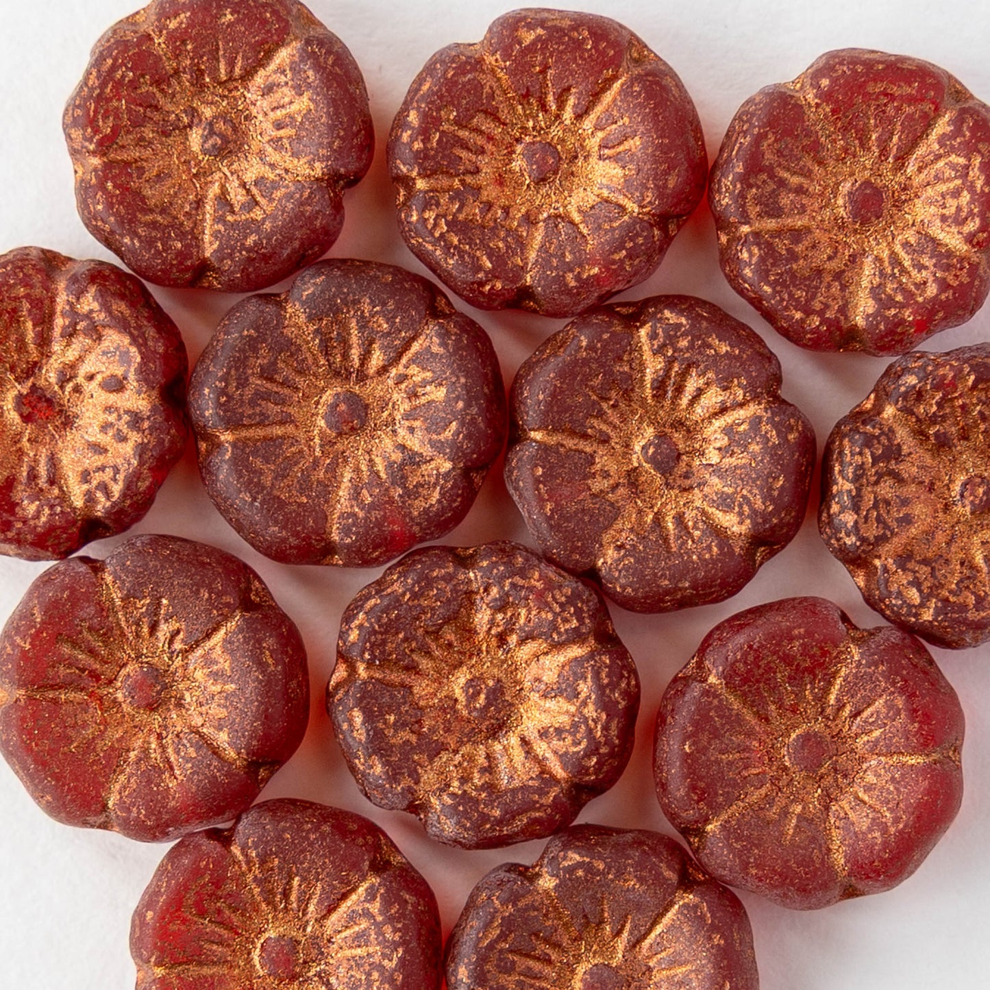 12mm Glass Flower Beads - Matte Red with Copper Wash - 6 or 12 beads