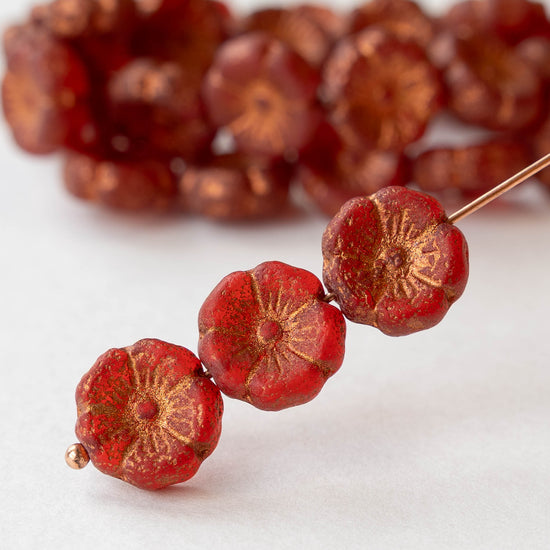 12mm Glass Flower Beads - Matte Red with Copper Wash - 6 or 12 beads