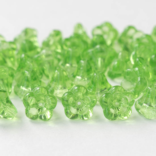 10x12mm Trumpet Flower Beads - Transparent Peridot Green - 10 or 30