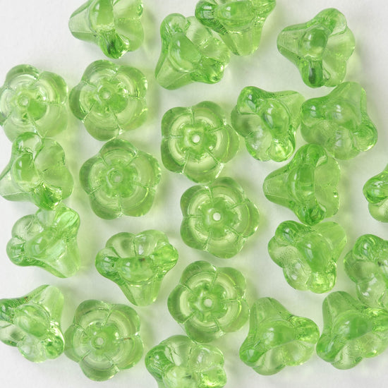 10x12mm Trumpet Flower Beads - Transparent Peridot Green - 10 or 30