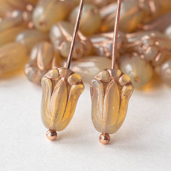 12mm Glass Tulip Beads - Beige with Copper Wash - 10 Beads