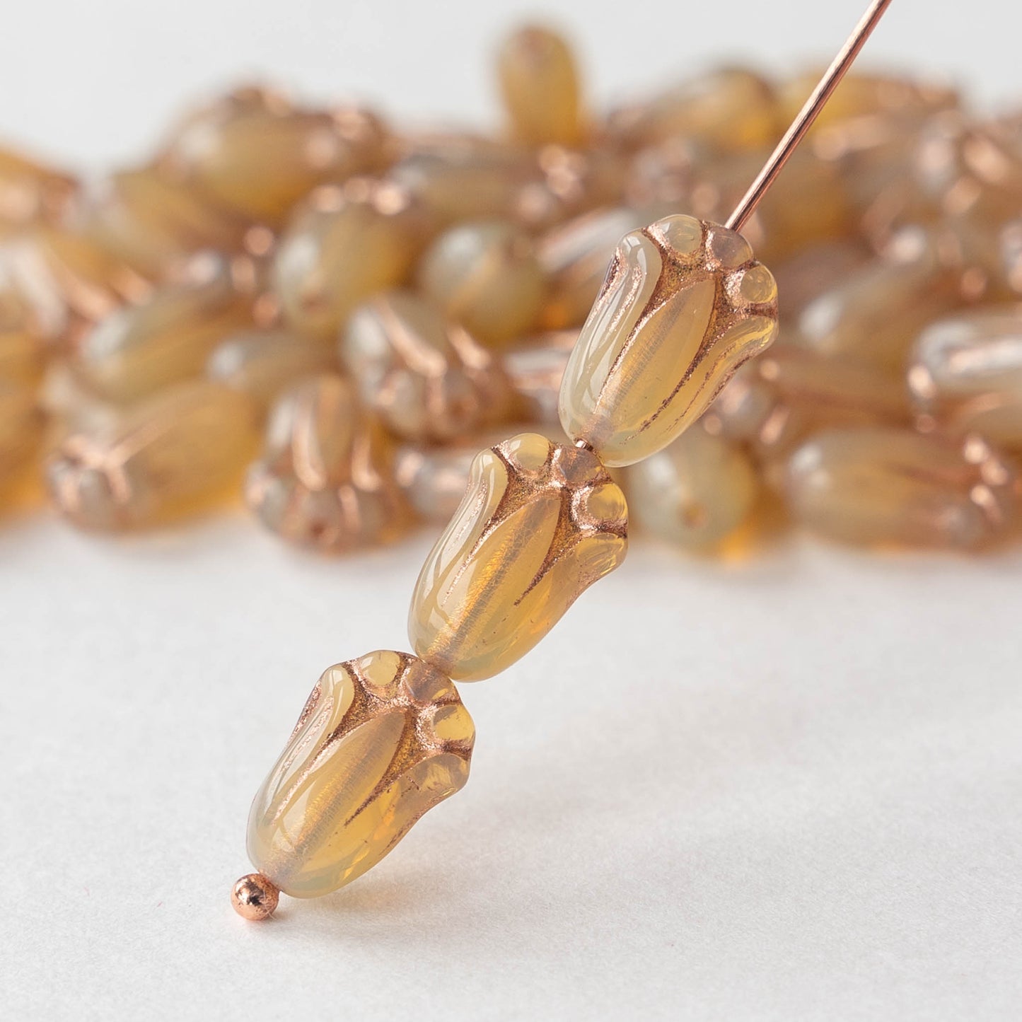 12mm Glass Tulip Beads - Beige with Copper Wash - 10 Beads
