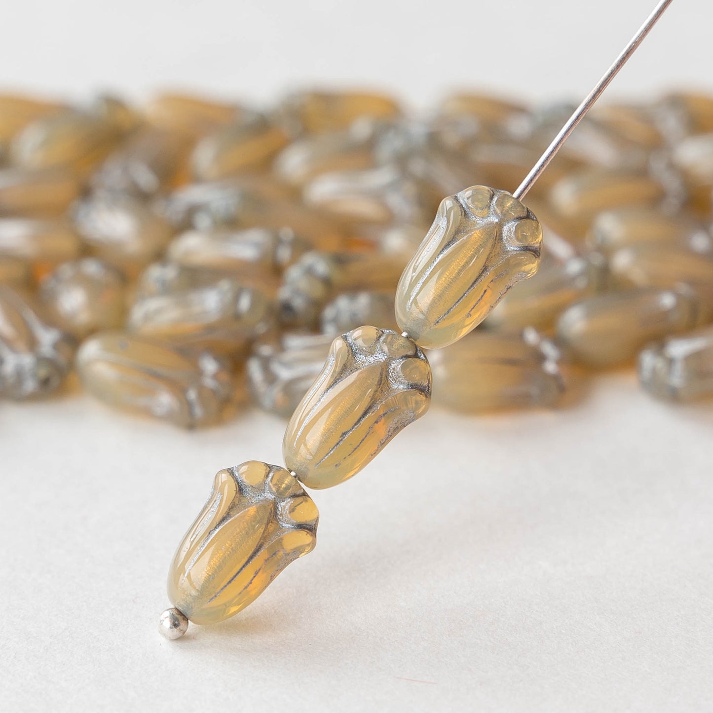 12mm Glass Tulip Beads - Beige with Silver Wash - 10 Beads