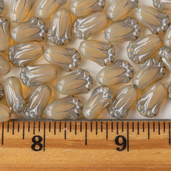 12mm Glass Tulip Beads - Beige with Silver Wash - 10 Beads