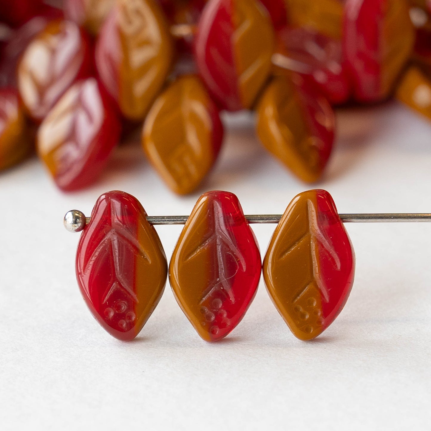 Czech Glass Leaf Beads - Opaque Rust Red Mix - 8x12 - 25 beads