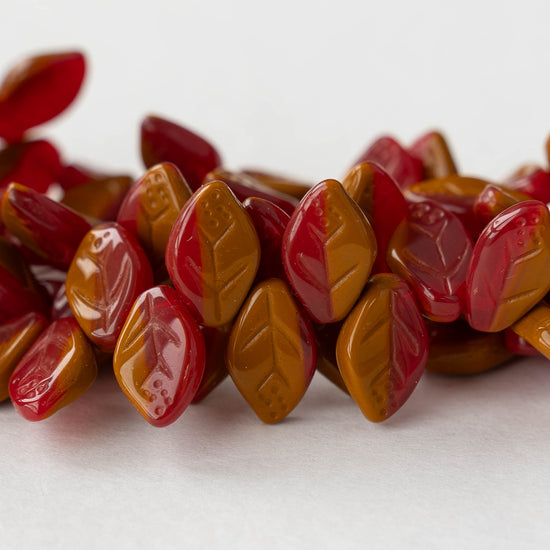 Czech Glass Leaf Beads - Opaque Rust Red Mix - 8x12 - 25 beads