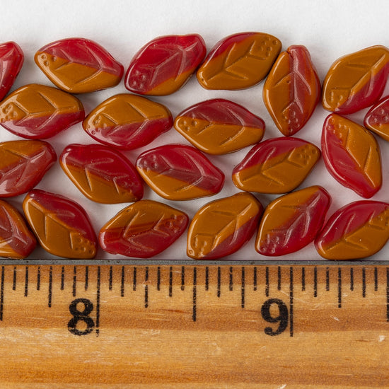 Czech Glass Leaf Beads - Opaque Rust Red Mix - 8x12 - 25 beads