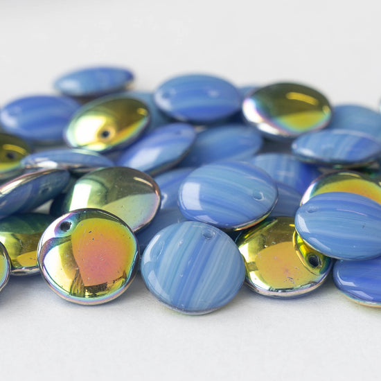 12mm Lentil Drop - Blue Stripes with Marea - 10 beads