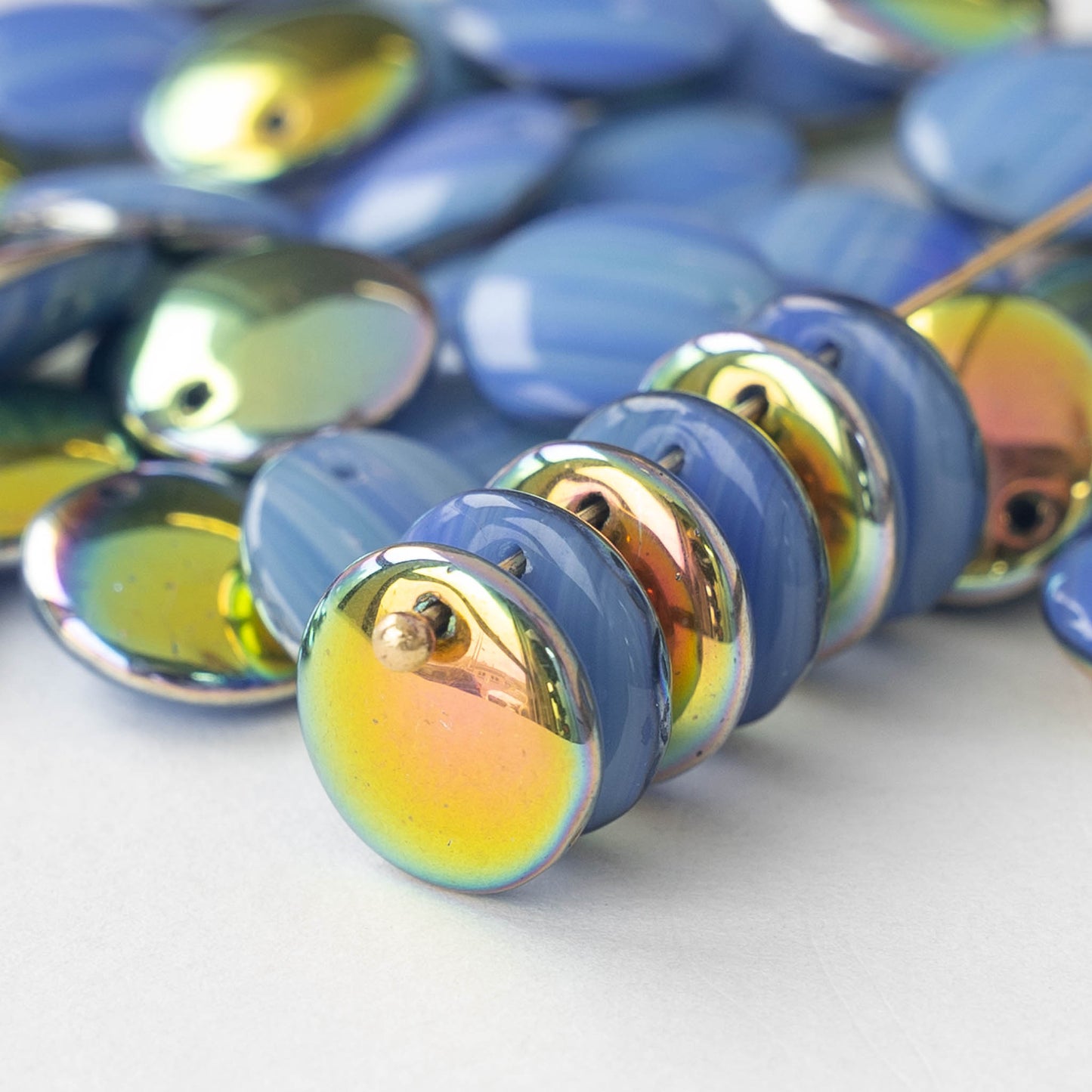 12mm Lentil Drop - Blue Stripes with Marea - 10 beads