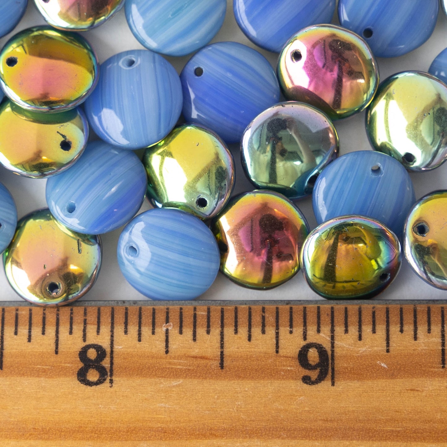 12mm Lentil Drop - Blue Stripes with Marea - 10 beads