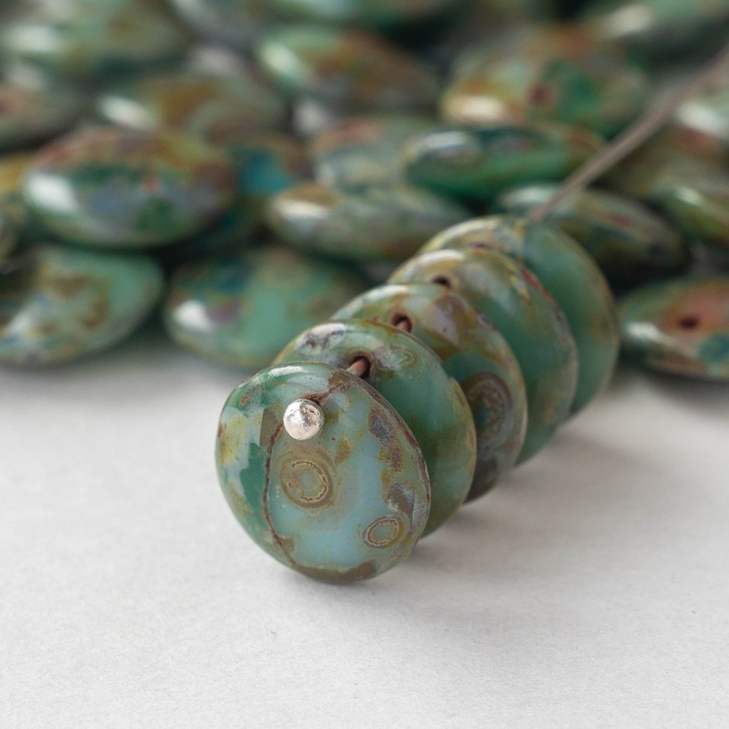 12mm Glass Lentil Beads - Teal Picasso Mix - 25 or 50 beads