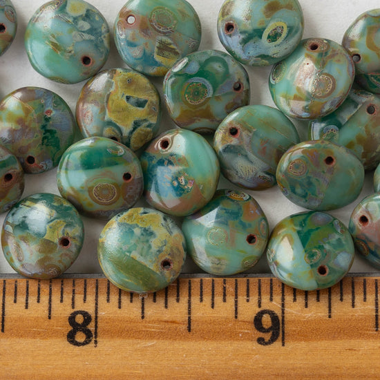 12mm Glass Lentil Beads - Teal Picasso Mix - 25 or 50 beads