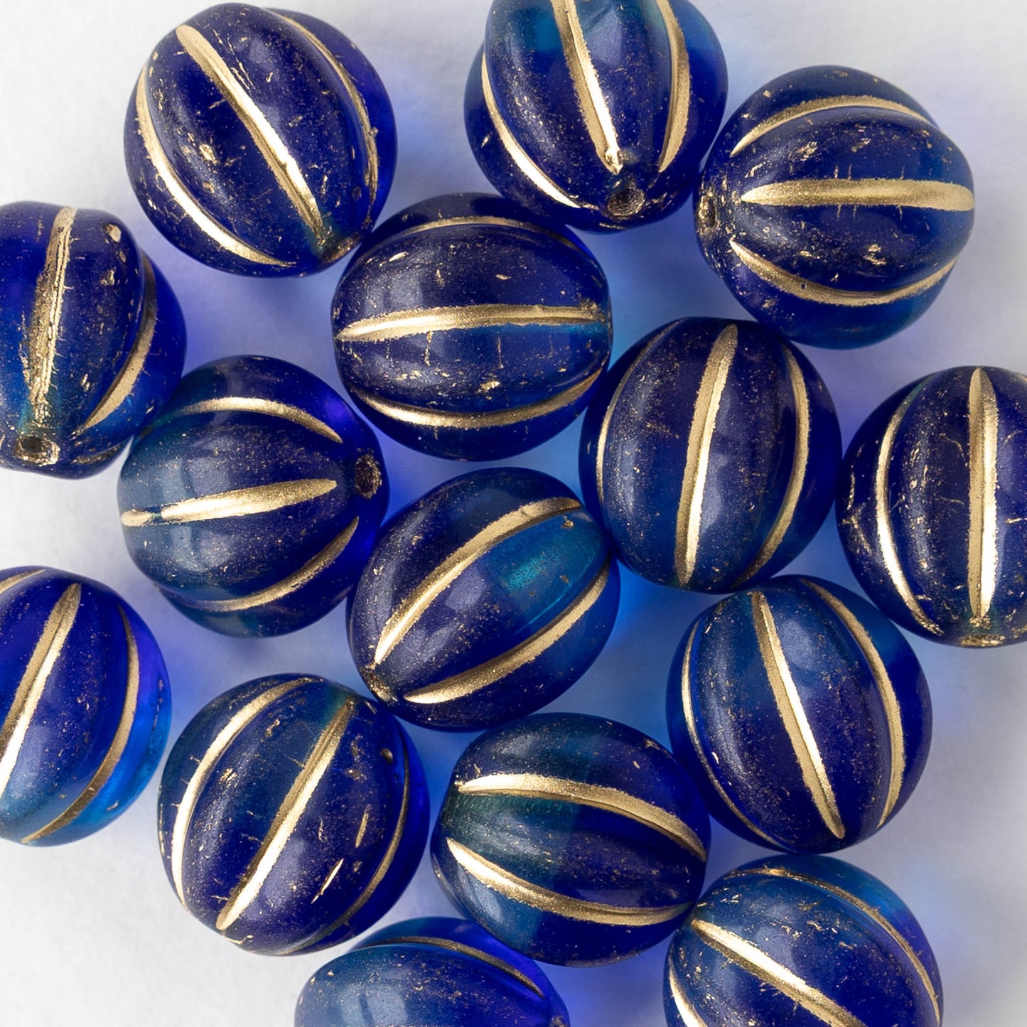 12mm Glass Melon Bead - Blue Mix with Gold Wash - 10 or 20 beads