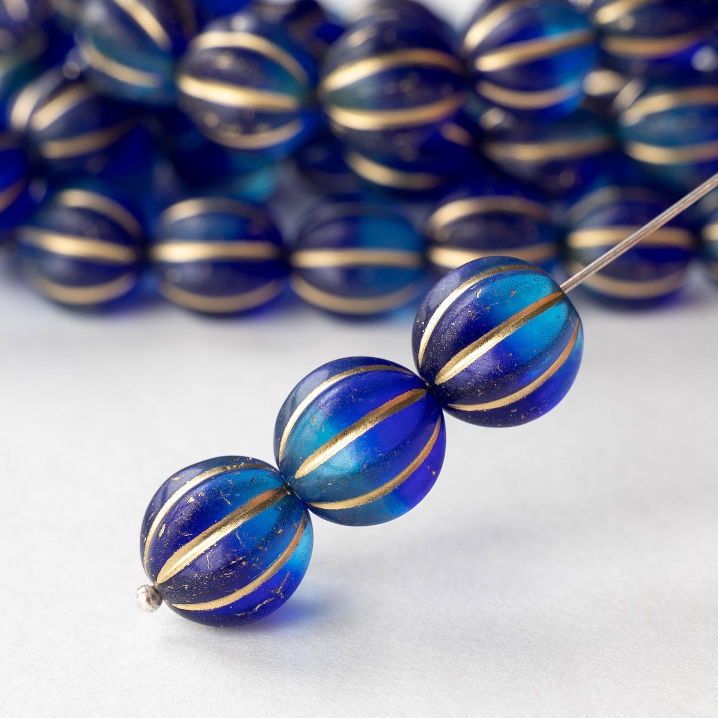 12mm Glass Melon Bead - Blue Mix with Gold Wash - 10 or 20 beads