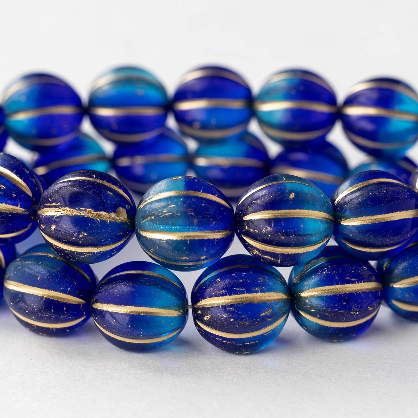 12mm Glass Melon Bead - Blue Mix with Gold Wash - 10 or 20 beads