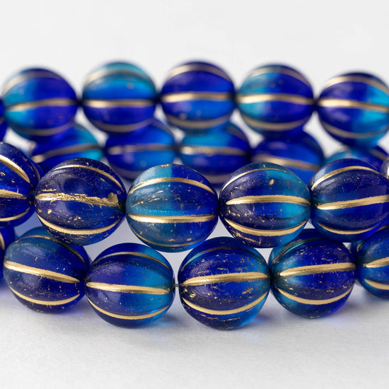 12mm Glass Melon Bead - Blue Mix with Gold Wash - 10 or 20 beads