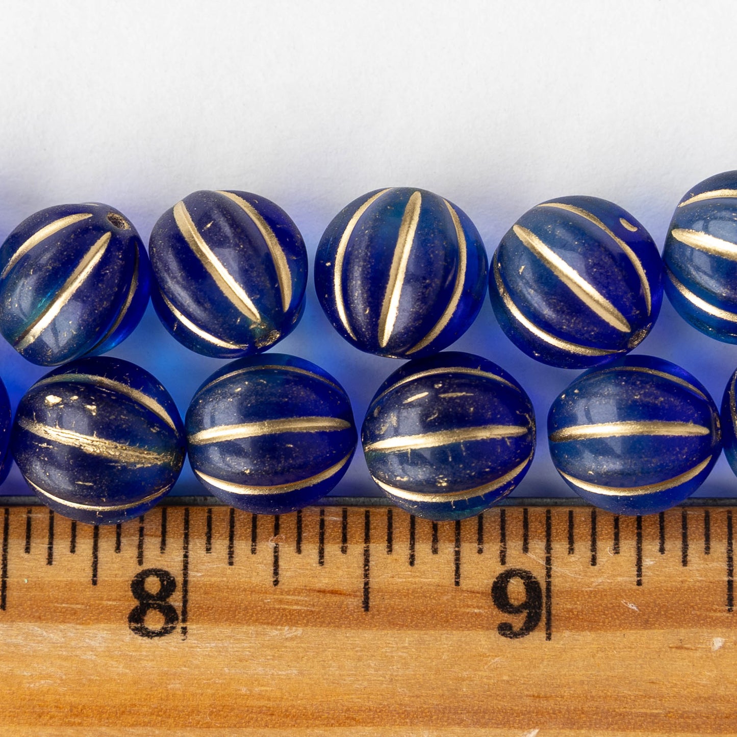 12mm Glass Melon Bead - Blue Mix with Gold Wash - 10 or 20 beads