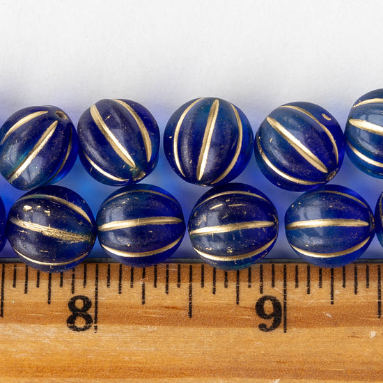 12mm Glass Melon Bead - Blue Mix with Gold Wash - 10 or 20 beads