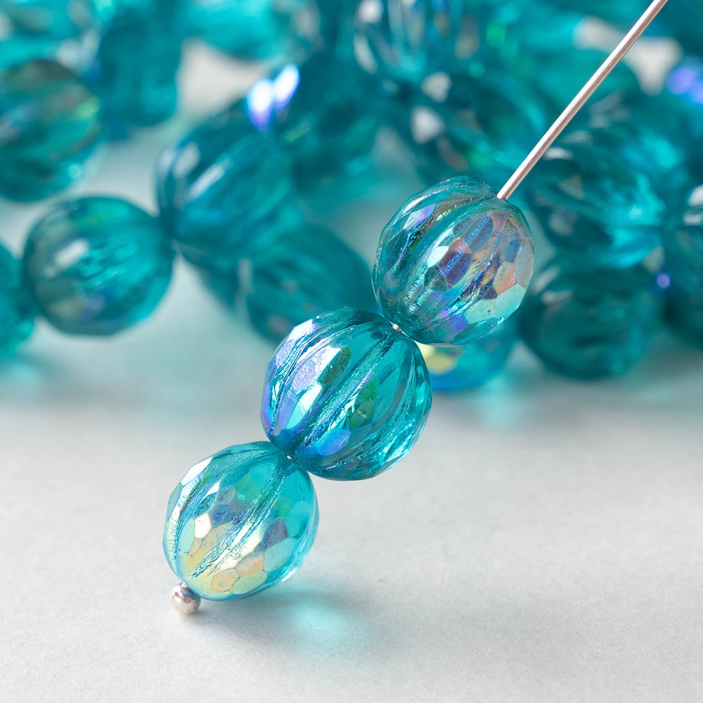 10mm Faceted Round Melon Beads - Teal with AB  - 12 beads