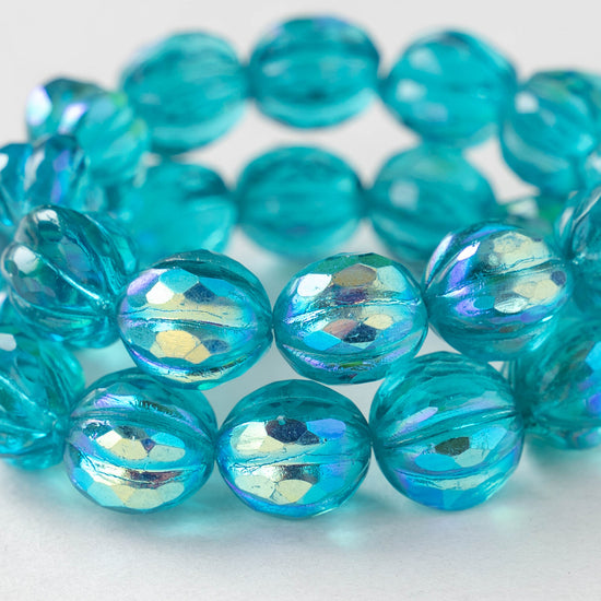 10mm Faceted Round Melon Beads - Teal with AB  - 12 beads
